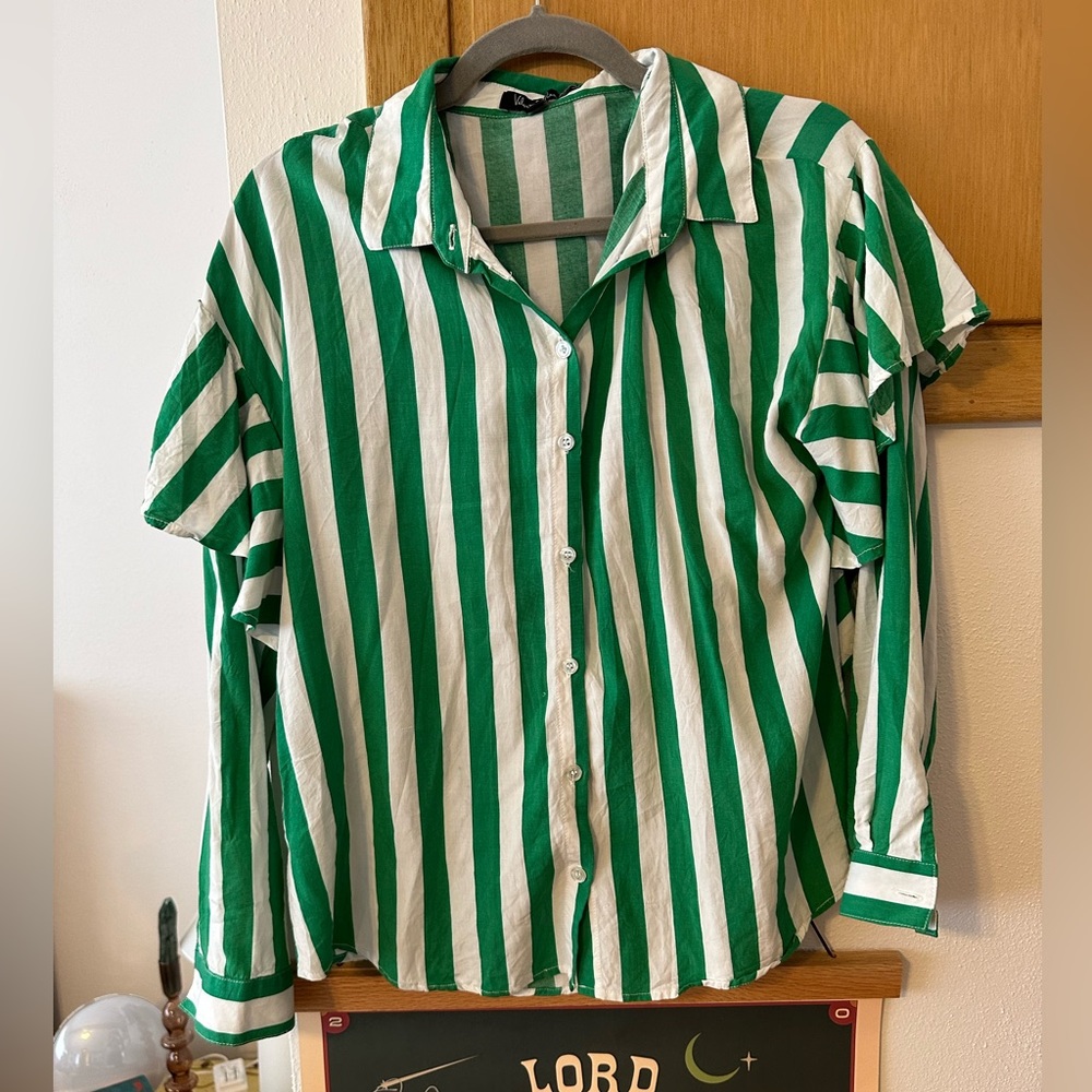 Green Striped Blouse with Flowy Sleeves